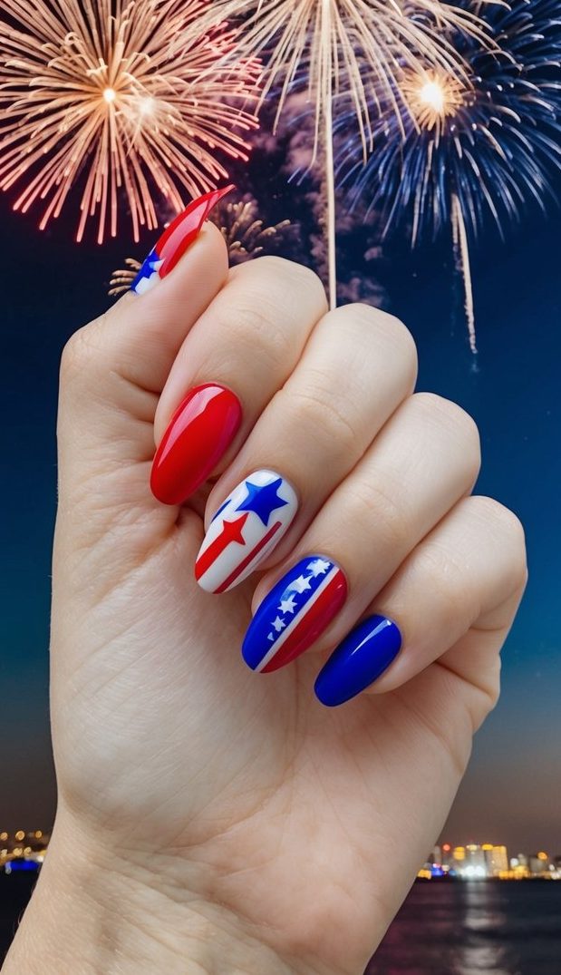 A backdrop of fireworks illuminating the night sky, with bold red, white, and blue nail art designs on display