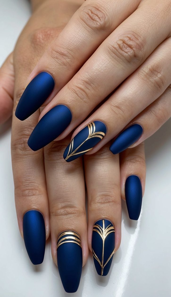A deep blue matte nail with gold accents, arranged in a stylish and elegant pattern