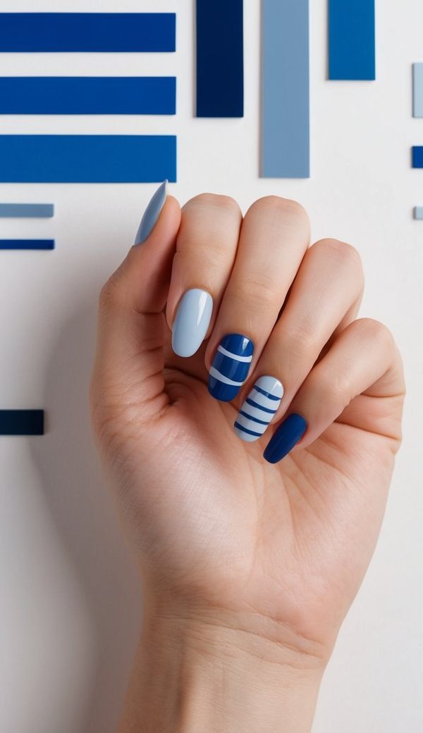 A collection of abstract blue lines in various shades, arranged in a minimalist and modern composition