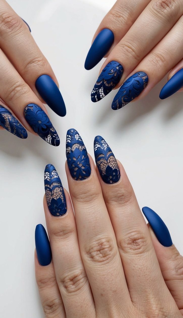 A collection of elegant blue lace-inspired matte nail art designs displayed on a clean, white background