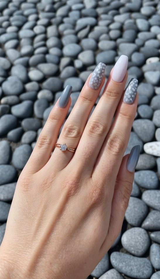 A pebbled gray pathway leading to elegant gray ombre nail art designs