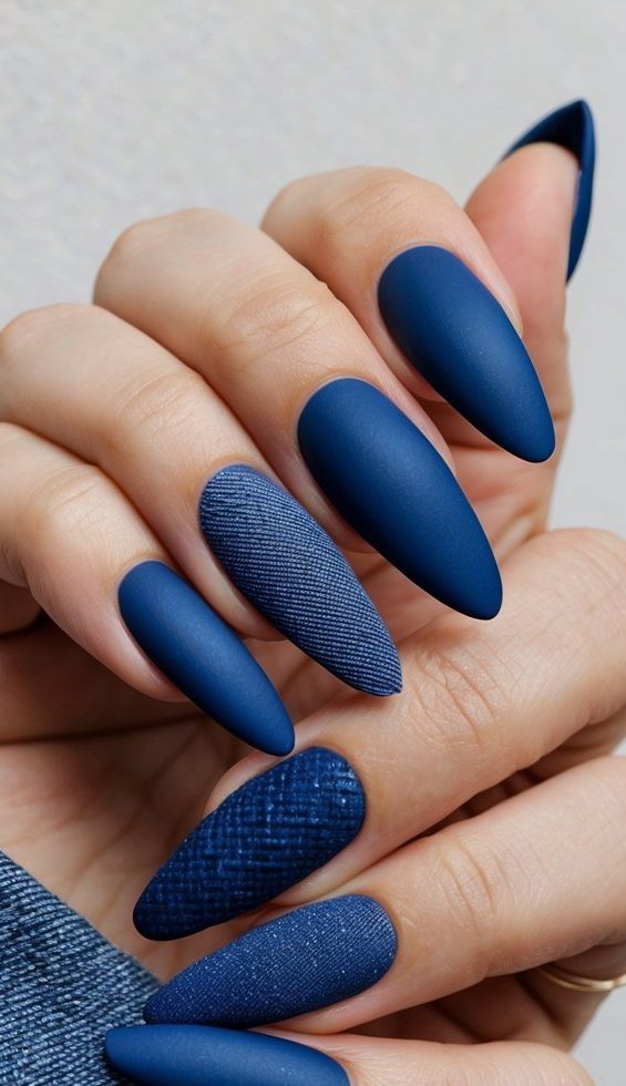 A collection of 50 blue matte nail art designs featuring denim texture