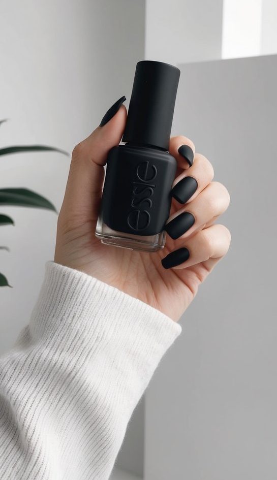 A hand holding a matte monochrome nail polish bottle next to a clean, modern backdrop with minimalist decor
