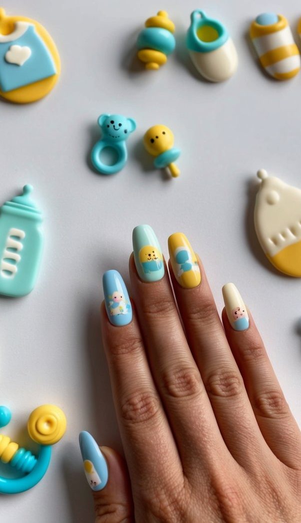 A table with various nail art designs featuring baby shower themes, such as baby bottles, pacifiers, rattles, and onesies
