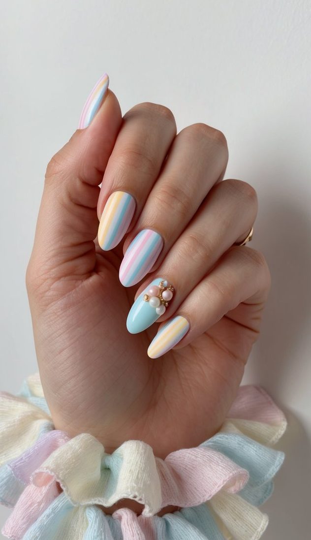 A pastel rainbow striped nail art display with 50 adorable baby shower designs