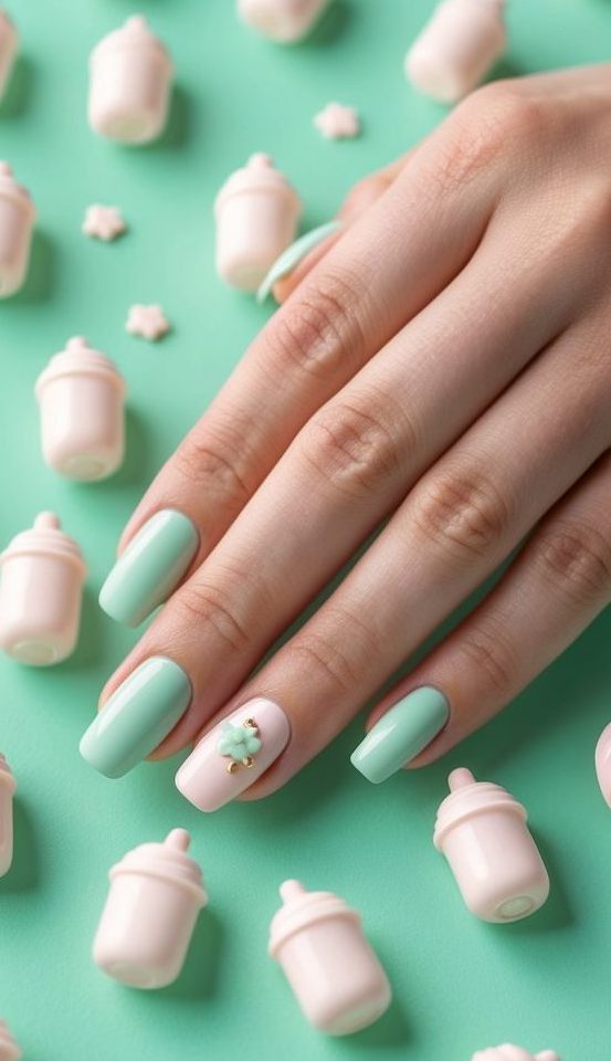 A mint green background adorned with tiny baby bottles scattered around, creating a cute and whimsical atmosphere for a baby shower nail art design
