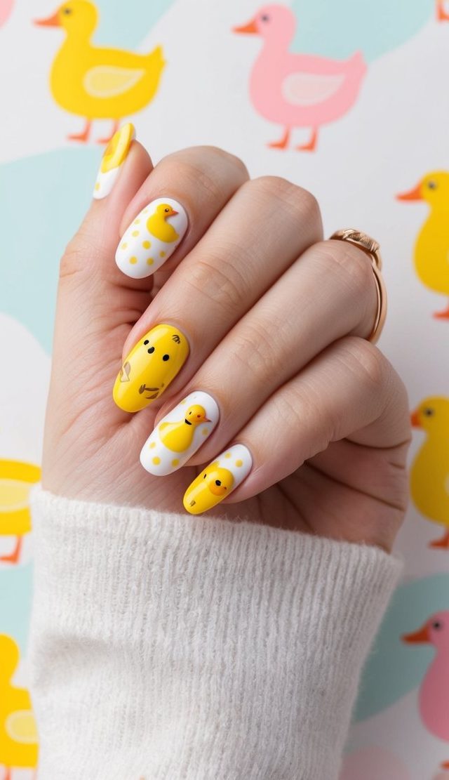 A pattern of yellow ducks on a pastel background, surrounded by baby shower themed nail art designs