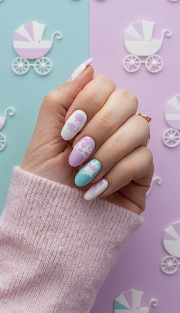Silhouettes of carriages and baby-themed nail art designs displayed on a pastel-colored background