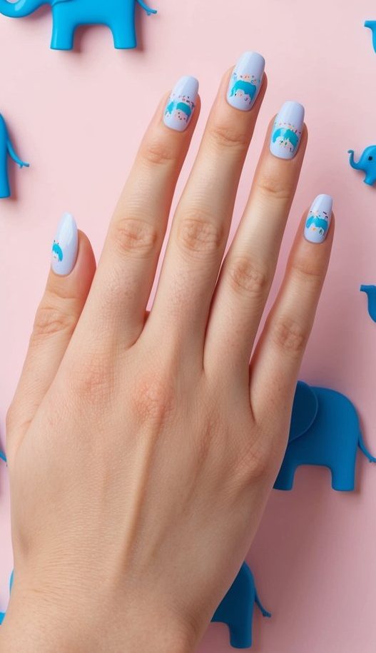 A joyful parade of blue elephants marching across a pastel background, surrounded by tiny baby-themed nail art designs