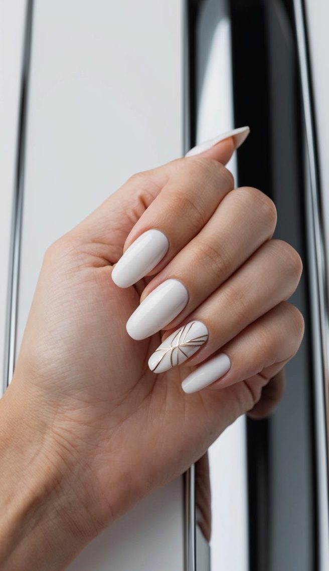 A close-up of minimalist nail art on sleek chrome background