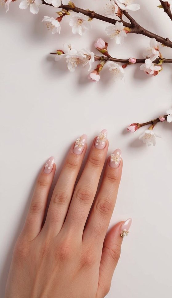 A delicate branch of cherry blossoms intertwined with strands of pearls, set against a soft pastel background