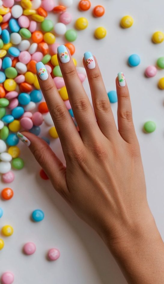 A table scattered with colorful candy and baby-themed nail art designs