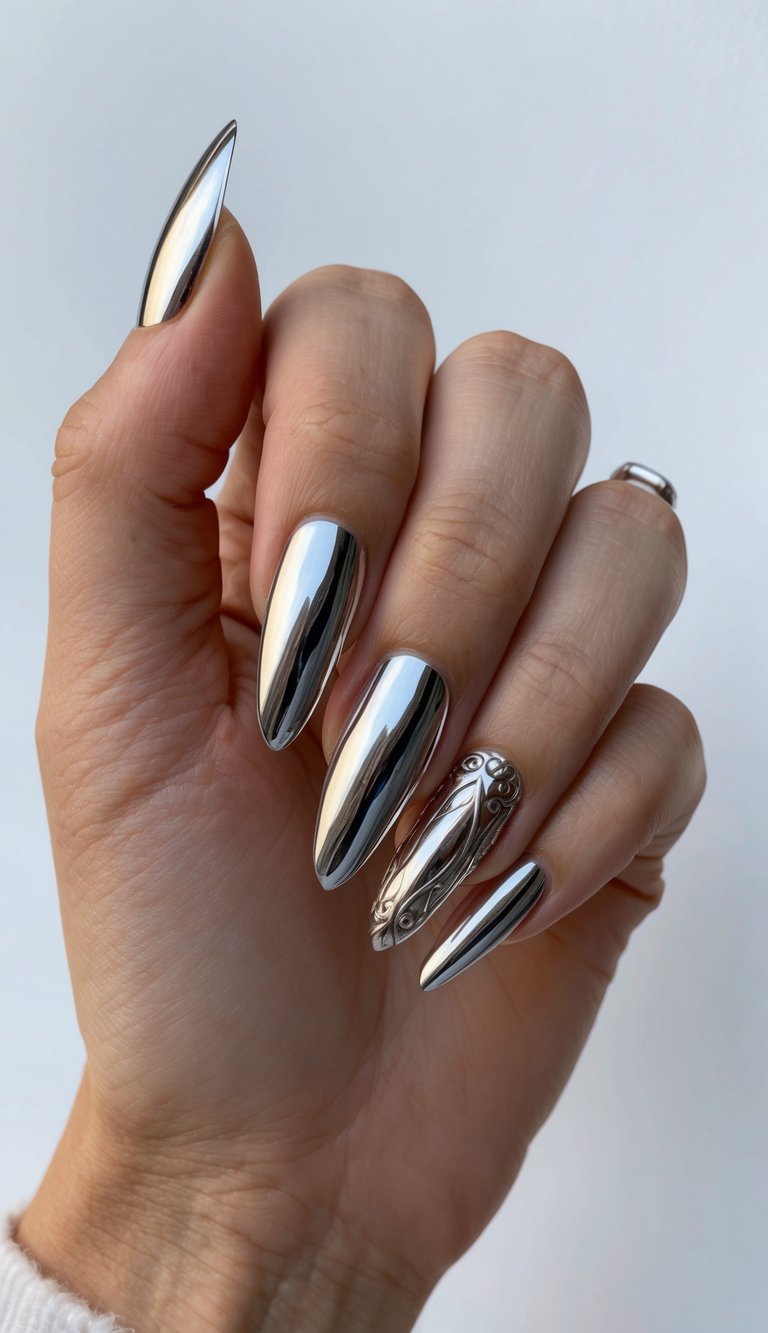 Shiny silver chrome nail tips with metallic accent designs on display