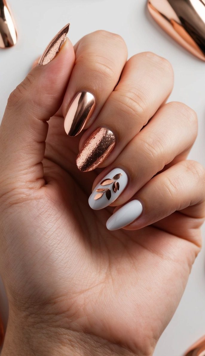 A hand holding a nail with a rose gold foil accent, surrounded by various metallic nail art designs