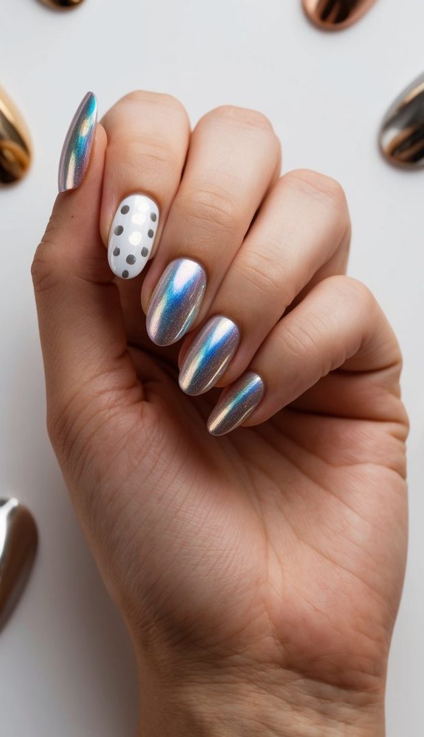 A hand holding a nail with holographic silver dots, surrounded by various metallic nail art designs