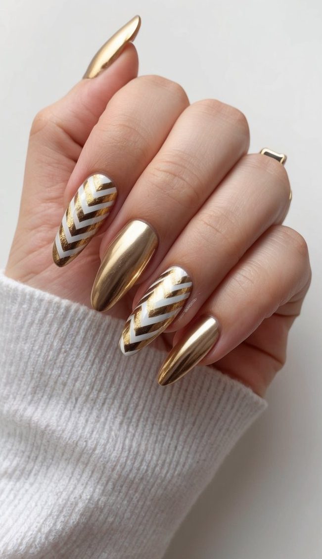 Golden chevron accents on metallic nails, arranged in various designs and patterns