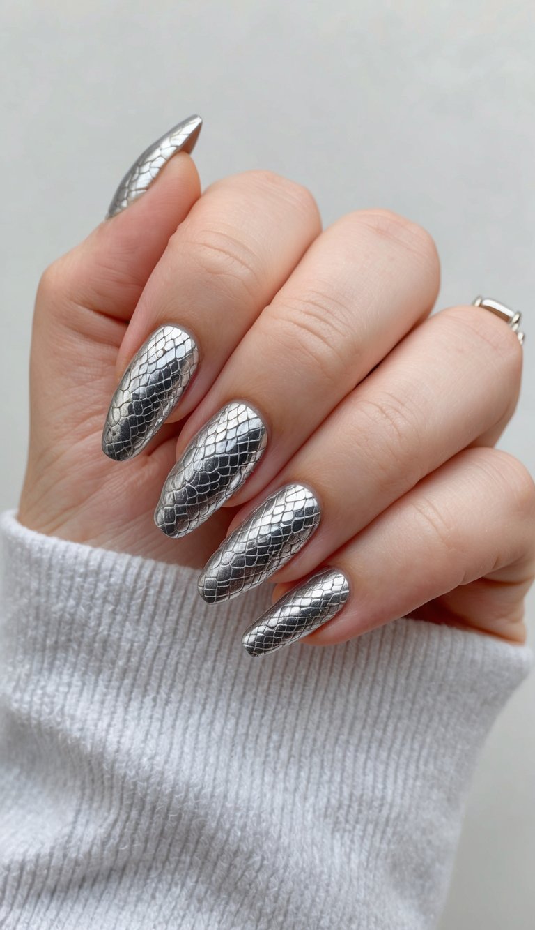 A close-up of silver snake skin nail art with metallic accents on a neutral background