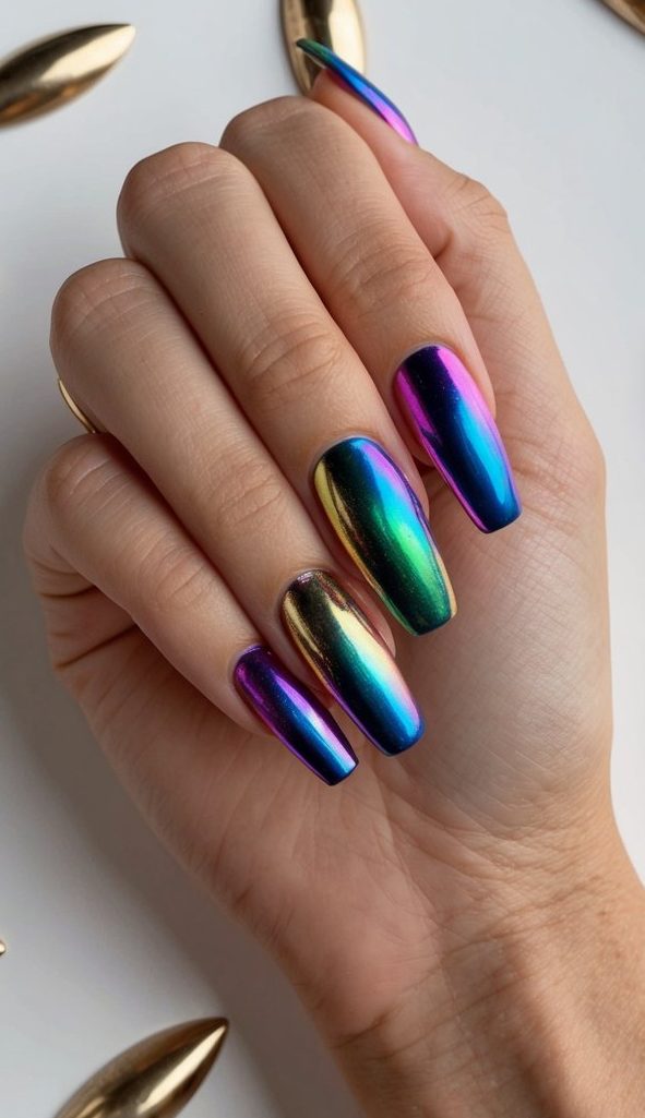 A hand adorned with metallic rainbow effect nails, surrounded by various metallic accent nail art designs