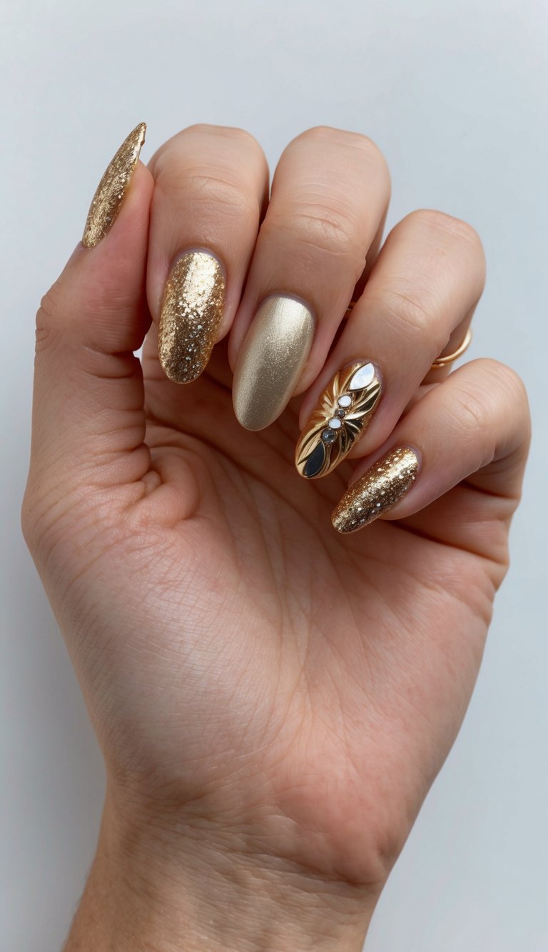 A hand with a glittering gold French manicure, adorned with metallic accent nail art designs