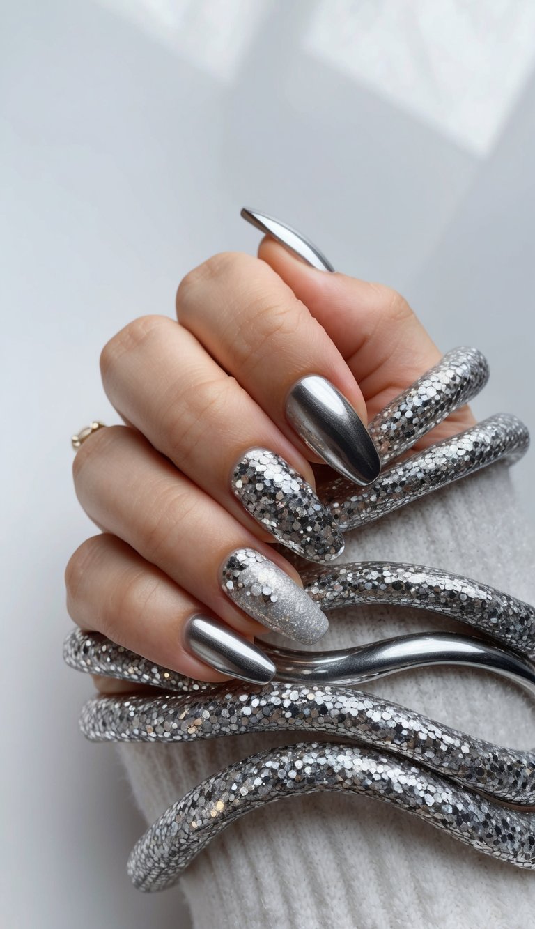 Shimmering silver waves cascade across a set of metallic accent nail art designs, creating a dazzling and eye-catching scene