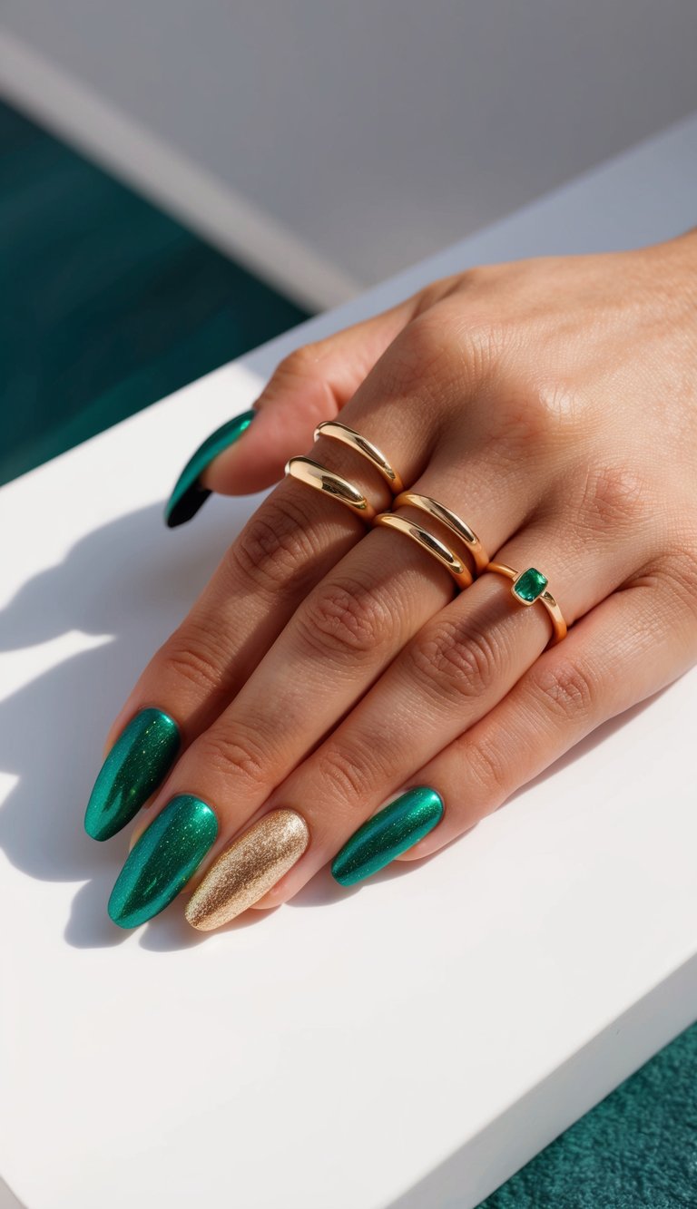 Emerald and gold metallic nail designs displayed on a clean, white surface with various angles and lighting to showcase the shimmer and shine
