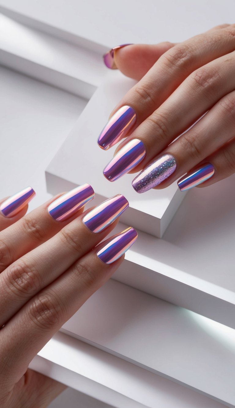 A collection of iridescent pink foil nail art designs displayed on a sleek, minimalist surface with soft, diffused lighting