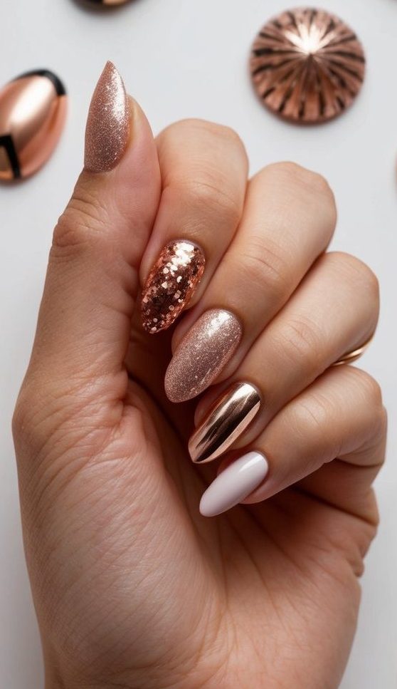 A hand holding a rose gold glitter gradient nail with metallic accents, surrounded by various nail art designs