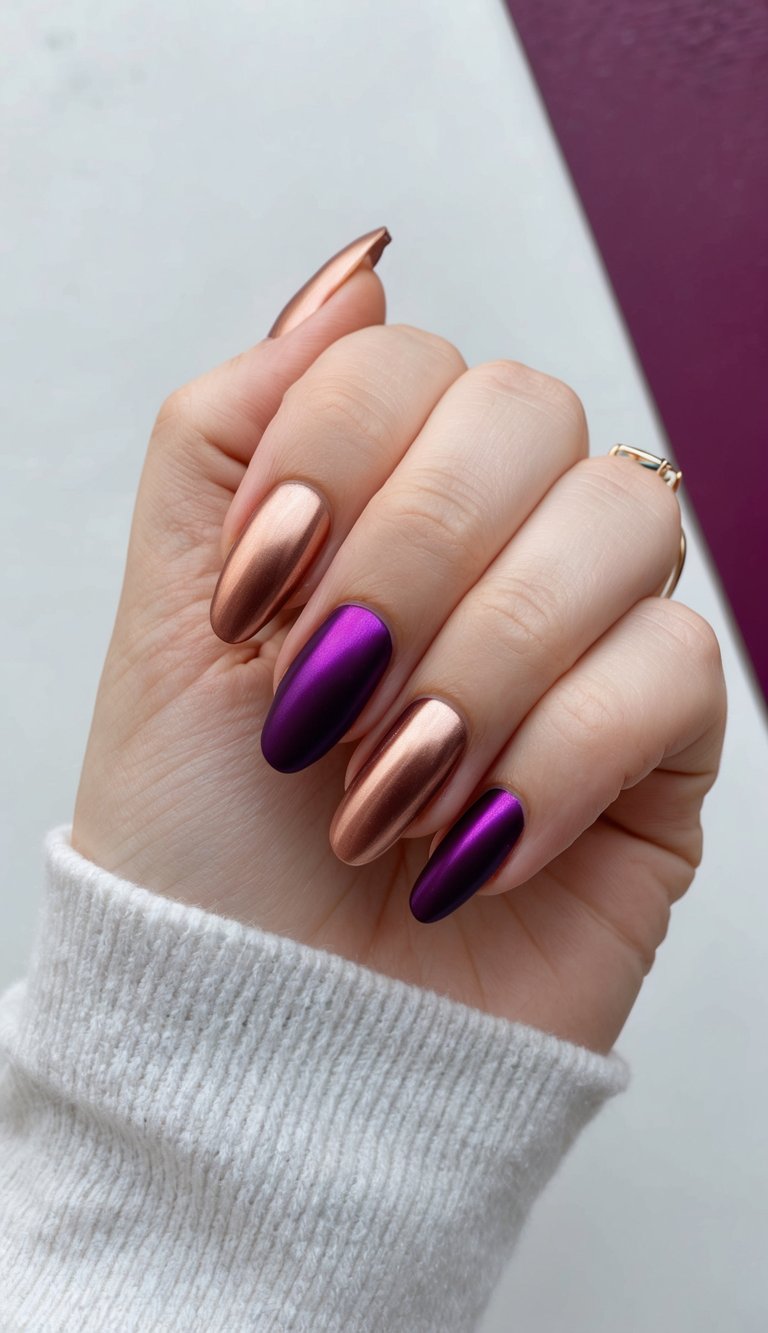 A hand with plum and copper metallic nails against a contrasting background