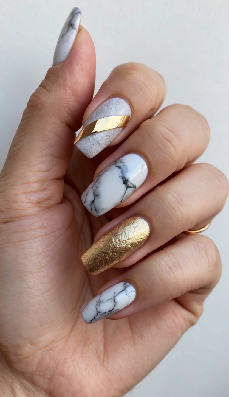 A close-up of a manicured hand with textured marble and gold metallic accent nail art designs