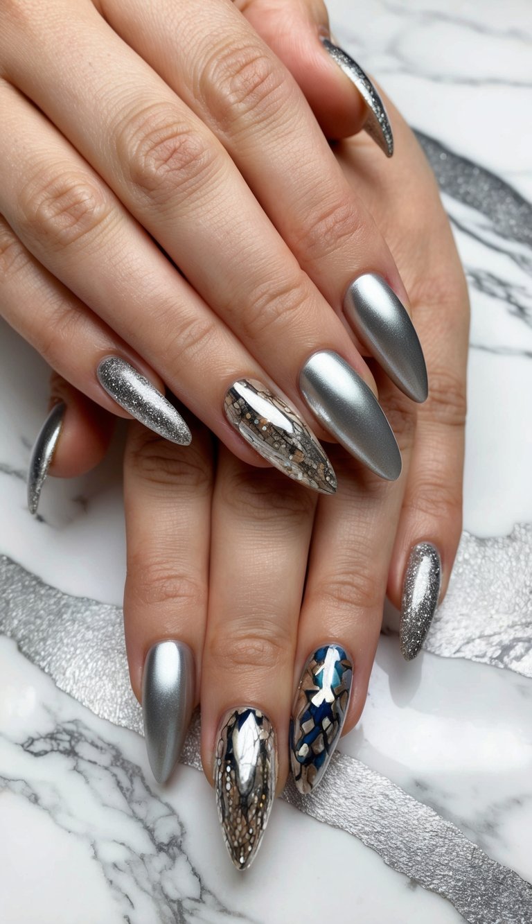 A silver-streaked marble background with metallic accent nail art designs displayed in a variety of dazzling and creative patterns