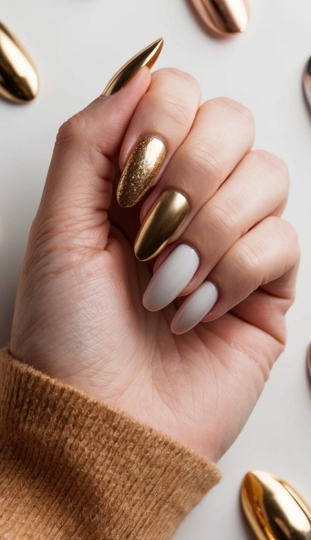 A hand holding a nail with gold-tipped French manicure, surrounded by various metallic nail art designs