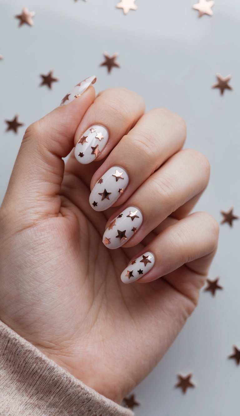 A hand holding a nail with scattered rose gold stars on a metallic background