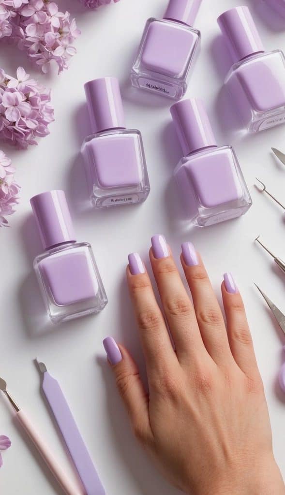 Lilac nail polish bottles arranged on a white table, surrounded by delicate lilac flowers and pastel-colored nail art tools