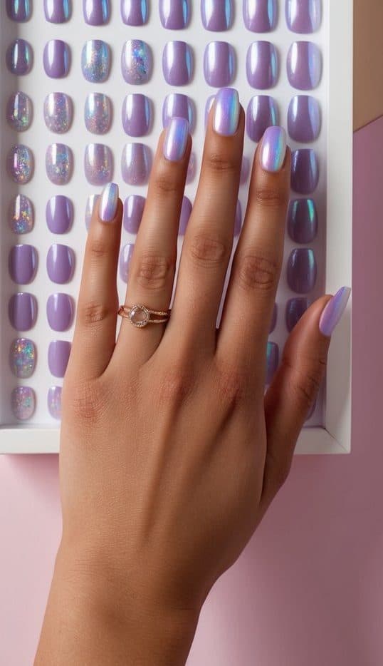 A holographic lilac nail art display with 50 different designs showcased on a pastel background