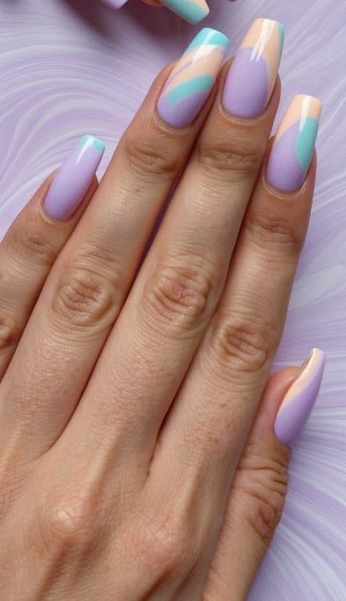 A soft lilac background with swirling abstract art in pastel shades