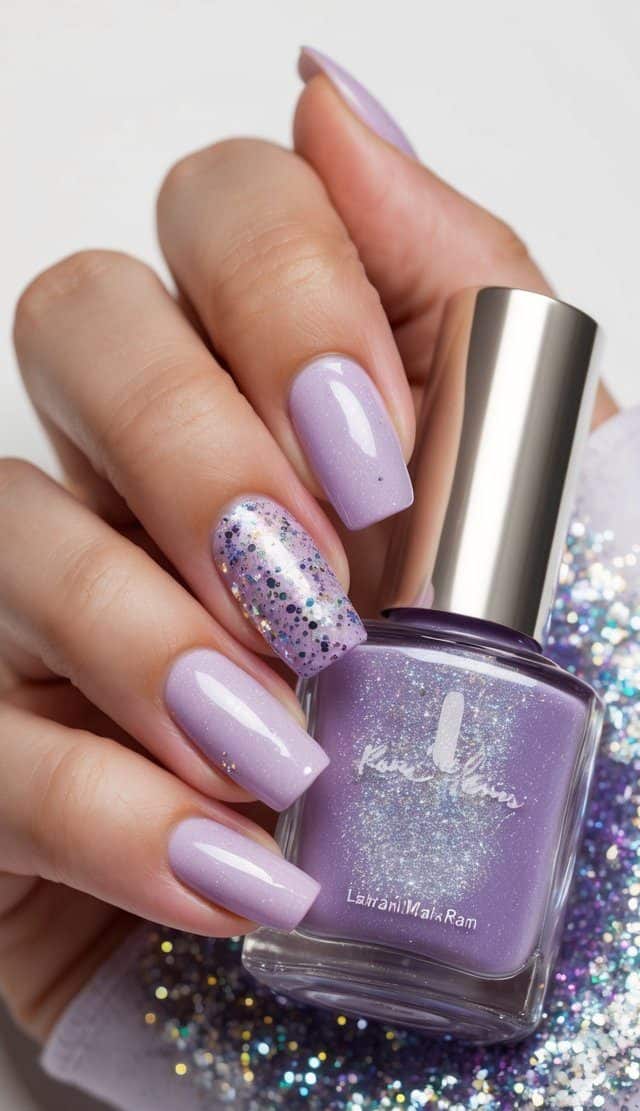A sparkling lilac nail polish bottle surrounded by glitter in a gradient pattern