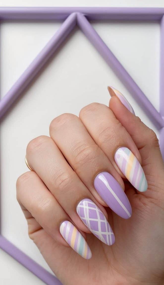 Lilac geometric frames with pastel nail art designs