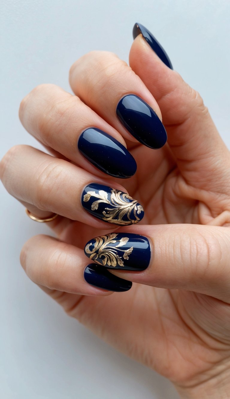 A close-up of glossy navy nails with intricate gold foil designs