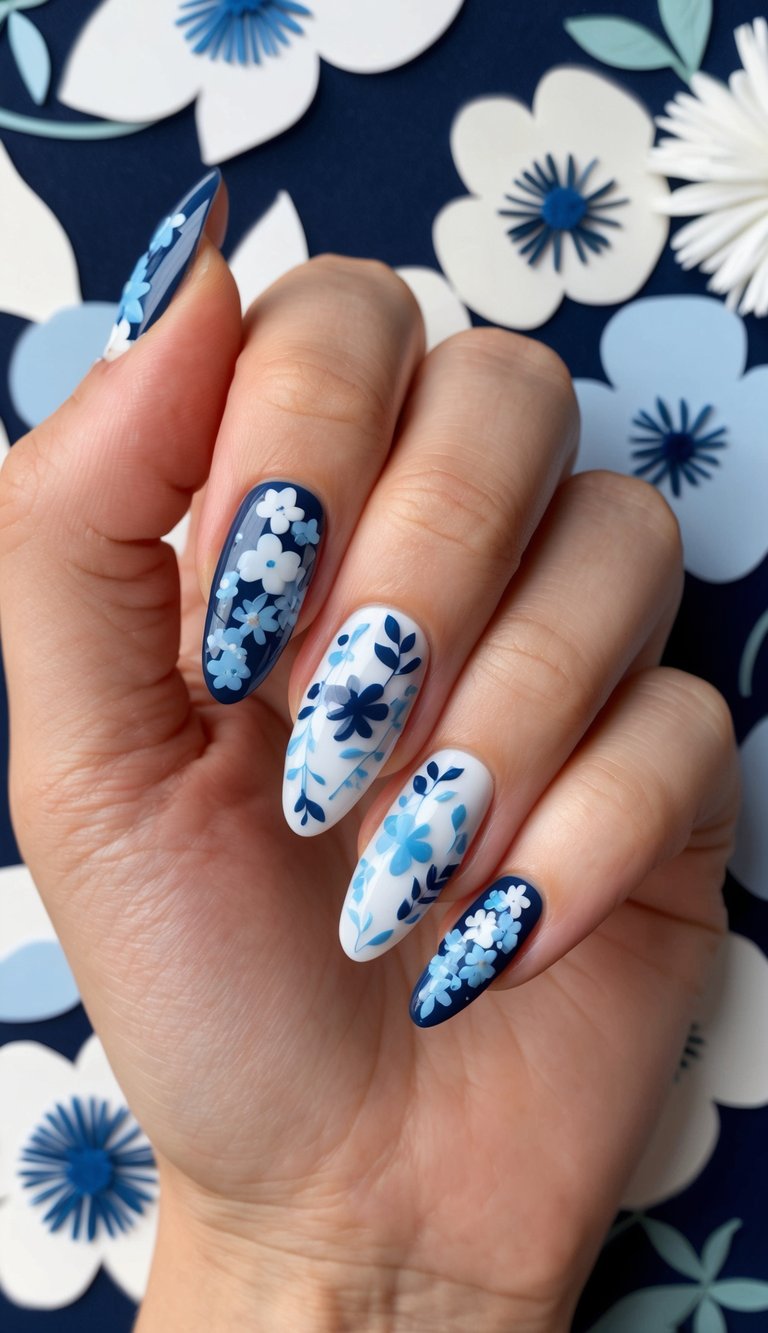 A navy background with delicate floral appliques in various shades of blue and white