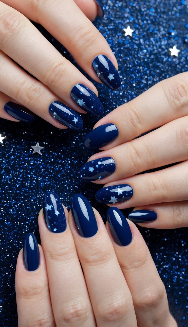A serene night sky filled with shimmering navy blue stars, set against a backdrop of deep navy glitter