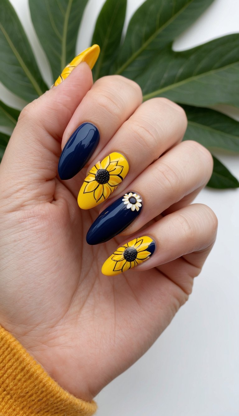 A navy and yellow sunflower nail art design with bold and classic style