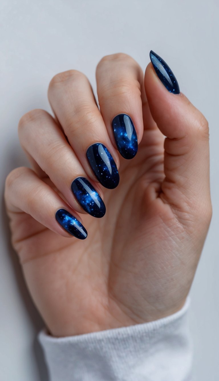 A hand with navy galaxy nails against a dark background