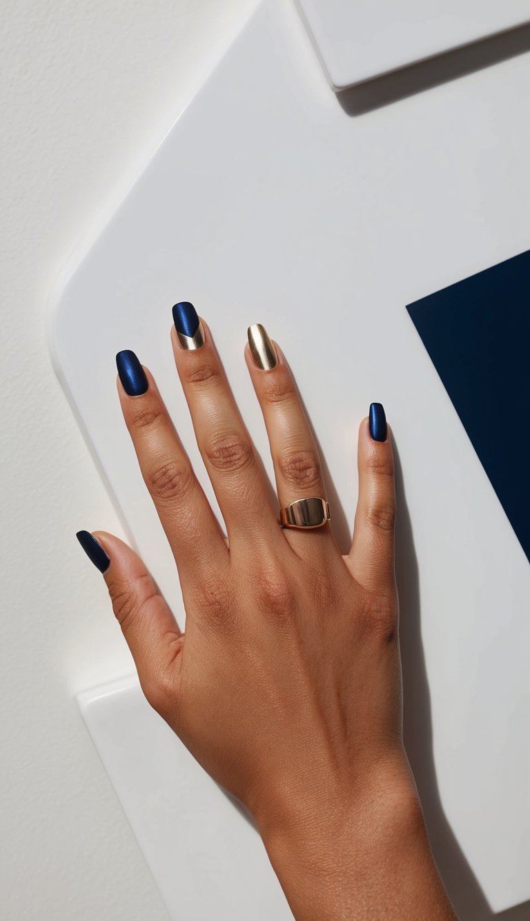 Navy and metallic cutout nail art displayed on a clean, modern surface with bold navy and metallic colors