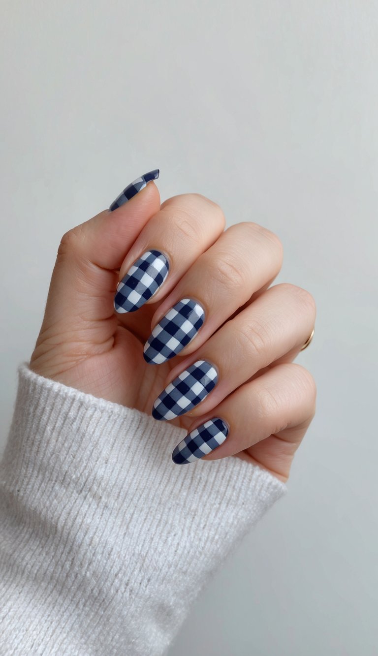 A close-up of navy-toned plaid pattern nail art on a clean, neutral background