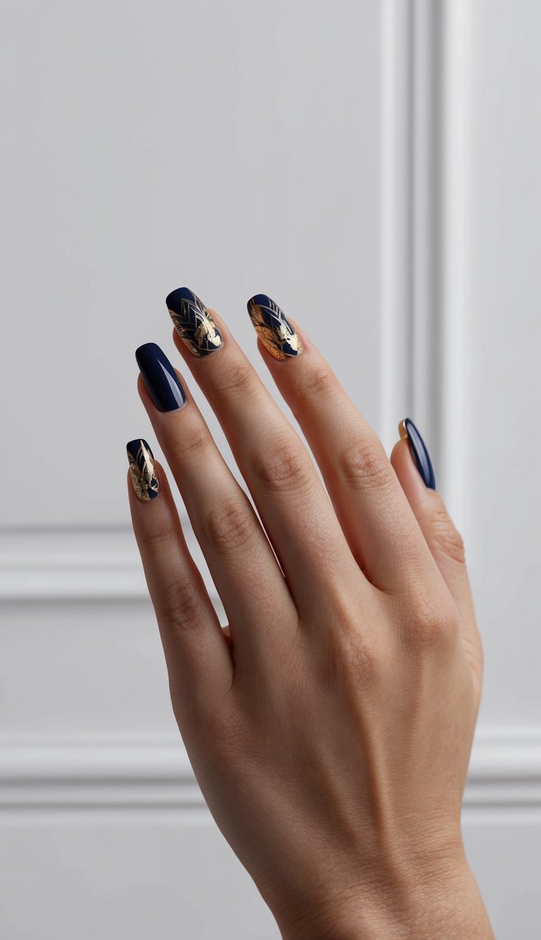 Navy and gold French tips on nails with intricate designs and patterns, against a simple and elegant background