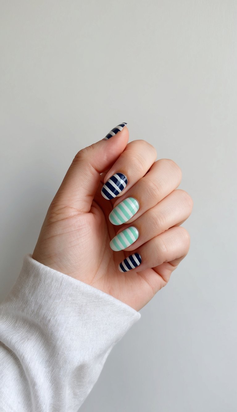 A close-up of navy and mint striped nail designs on a clean, neutral background