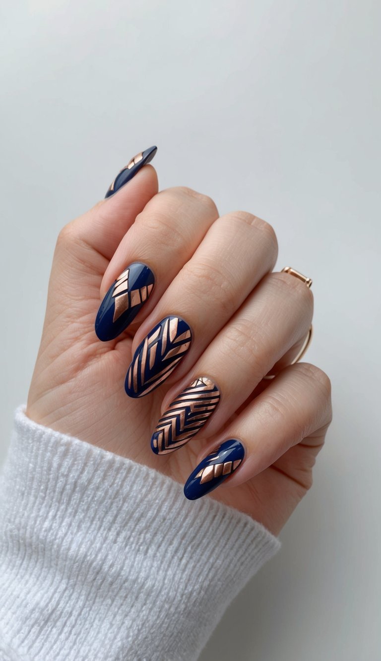 A navy and copper tribal art nail design with bold patterns and intricate details