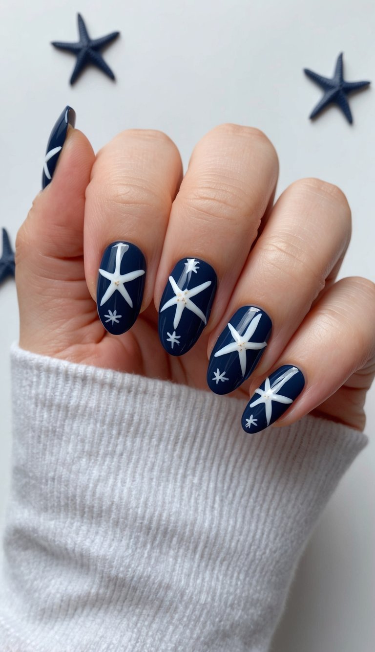 A navy background with scattered starfish accents, creating a bold and classic nail art design