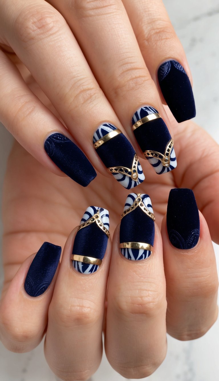 A close-up of navy velvet nails with intricate designs and bold accents