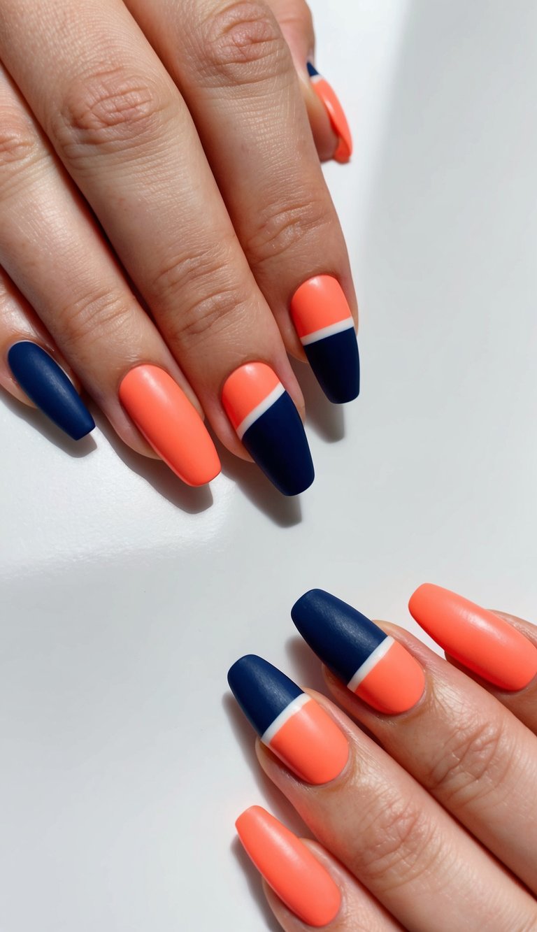 A close-up of navy and coral colorblock nail art on a clean, manicured surface